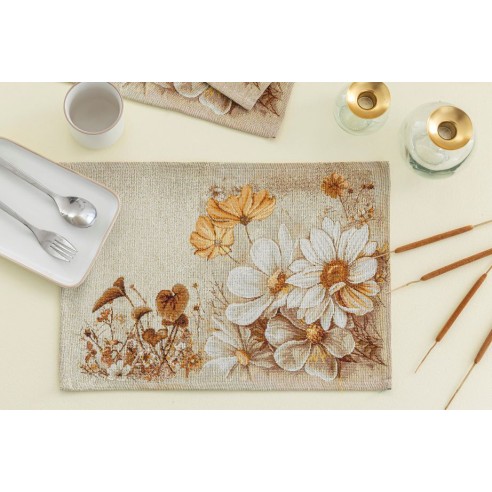 Jacquard placemat set with golden flower beige background. 30x45 NITRA