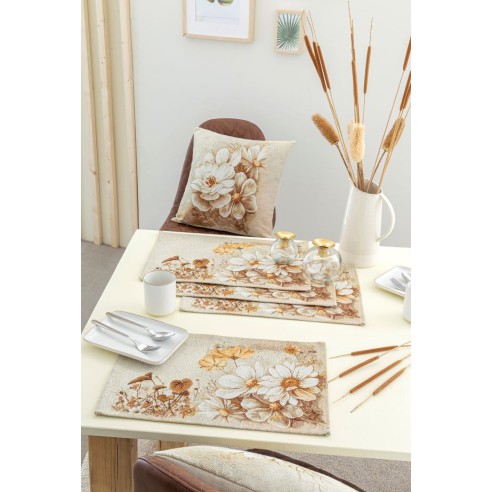 Jacquard placemat set with golden flower beige background. 30x45 NITRA
