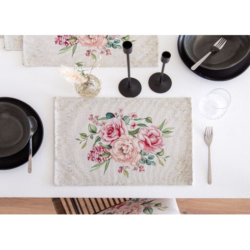 Jacquard placemat set with pink flower beige background. 30x45 PADUA