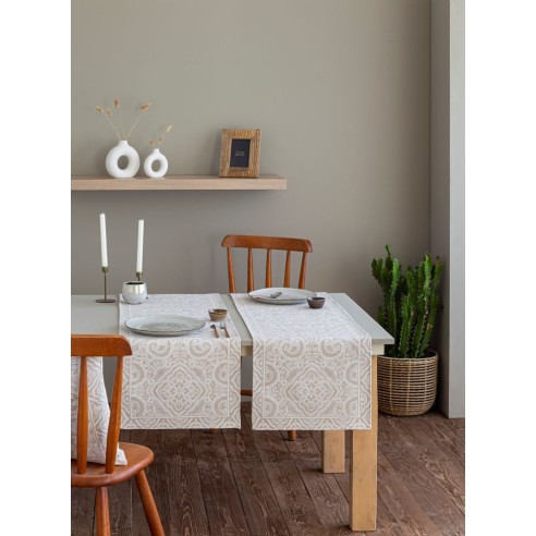 Camino de mesa de tejido Jacquard con motivos geométricos beig. 40x135 MYKONOS C4