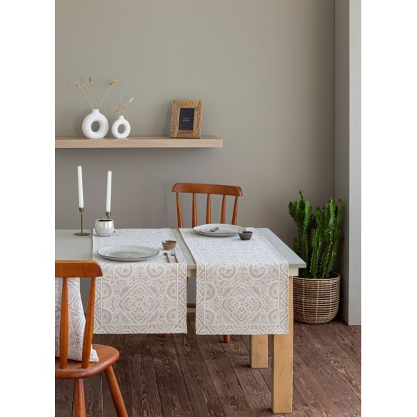 Camino de mesa de tejido Jacquard con motivos geométricos beig. 40x135 MYKONOS C4