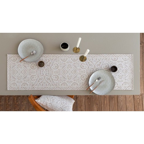 Camino de mesa de tejido Jacquard con motivos geométricos beig. 40x135 MYKONOS C4
