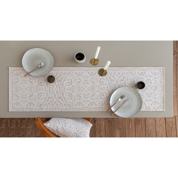 Camino de mesa de tejido Jacquard con motivos geométricos beig. 40x135 MYKONOS C4