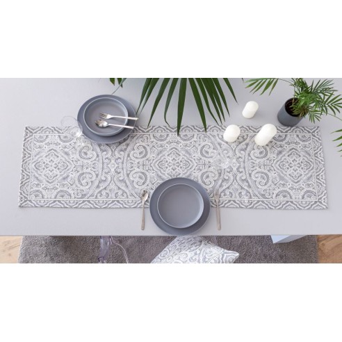Jacquard table runner with geometric motifs grey. 40x135 MYKONOS C.6
