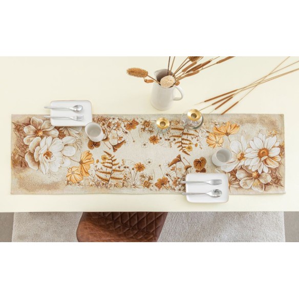 Jacquard table runner with golden flower beige background. 40x135 NITRA