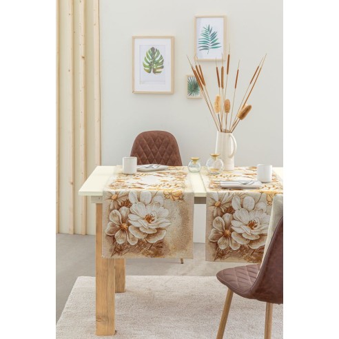 Camino de mesa de tejido Jacquard con flor dorada fondo beig. 40X135 NITRA.