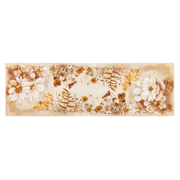 Jacquard table runner with golden flower beige background. 40x135 NITRA