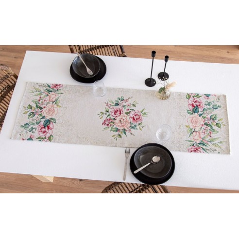 Jacquard table runner with pink flower beige background. 40x135 PADUA