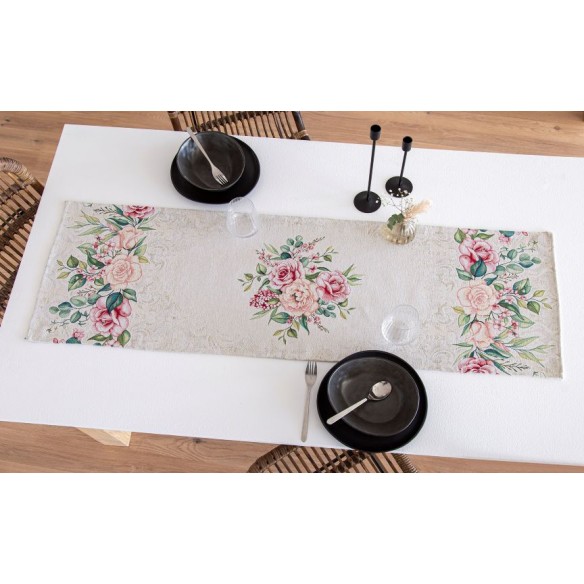 Jacquard table runner with pink flower beige background. 40x135 PADUA