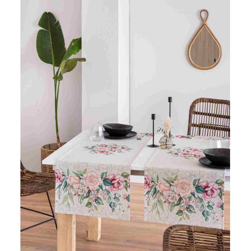 Camino de mesa de tejido Jacquard  con flor rosa fondo beig. 40X135 PADUA