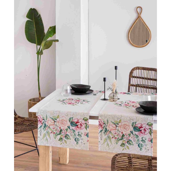 Jacquard table runner with pink flower beige background. 40x135 PADUA