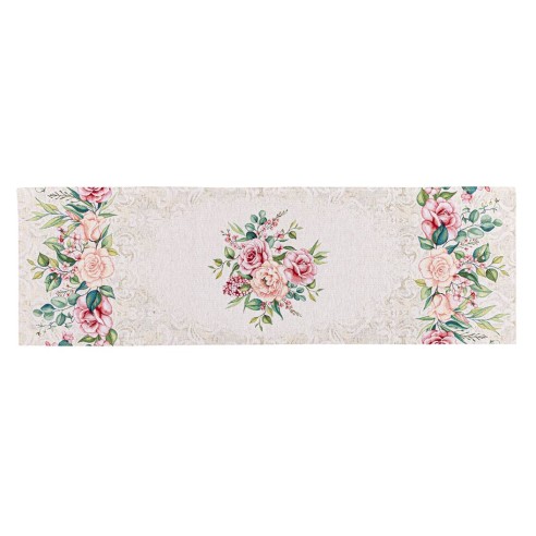 Camino de mesa de tejido Jacquard  con flor rosa fondo beig. 40X135 PADUA