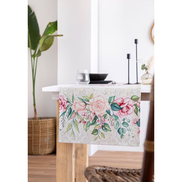 Jacquard table runner with pink flower beige background. 40x135 PADUA