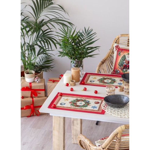Set individual de mesa de tejido jacquard con corona de Navidad. 30x45 CHRISTMAS