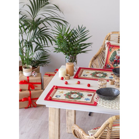Set individual de mesa de tejido jacquard con corona de Navidad. 30x45 CHRISTMAS