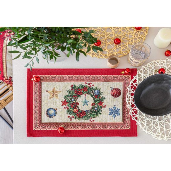 Set individual de mesa de tejido jacquard con corona de Navidad. 30x45 CHRISTMAS