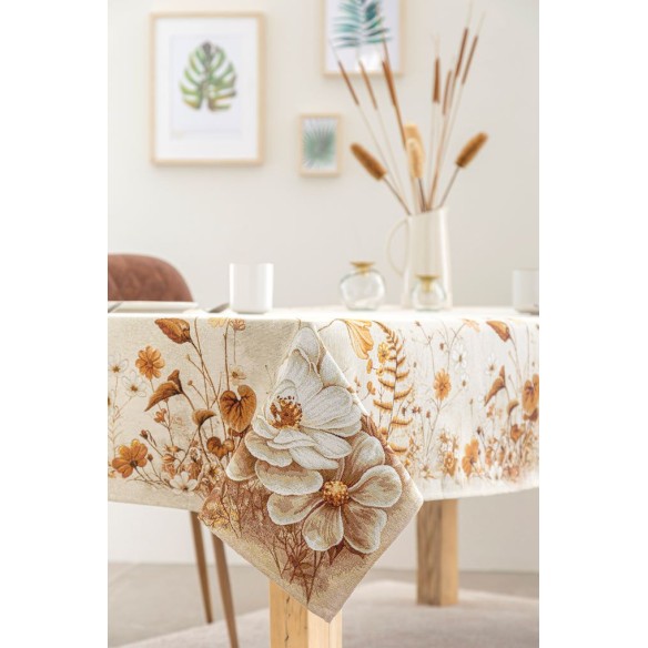 Mantel de mesa de tejido Jacquard con flores blancas y doradas. NITRA