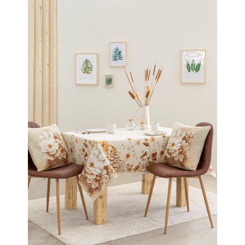 Jacquard tablecloth with white and golden flowers. NITRA