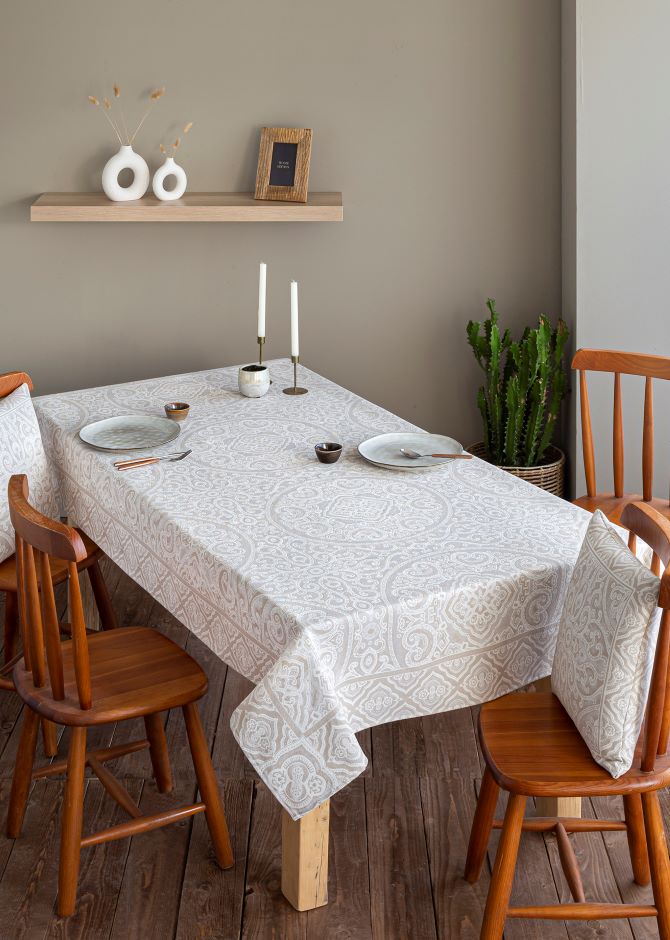 Mantel de mesa de tejido Jacquard con motivos geometricos MYKONOS Beig