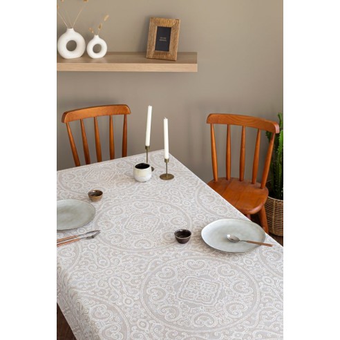 Mantel de mesa de tejido Jacquard con motivos geometricos MYKONOS Beig