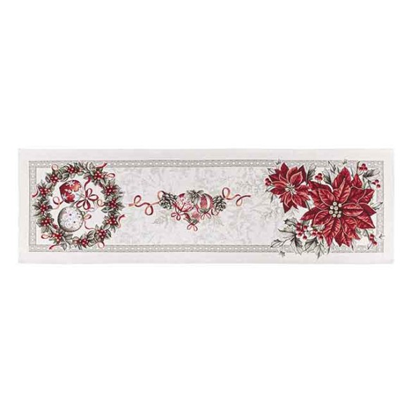 Jacquard table runner with poinsettia and Christmas wreath. 40x135 KRIS
