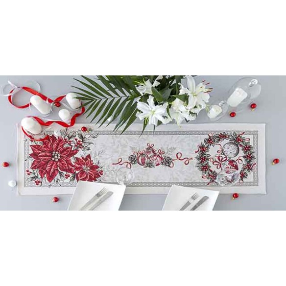 Jacquard table runner with poinsettia and Christmas wreath. 40x135 KRIS