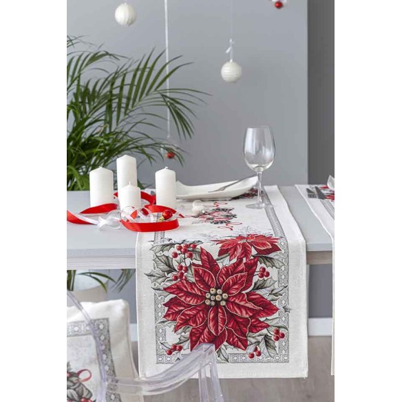 Camino de mesa de tejido jacquard  con ponsodia y corona de Navidad. 40x135 KRIS