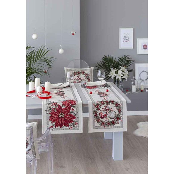 Jacquard table runner with poinsettia and Christmas wreath. 40x135 KRIS