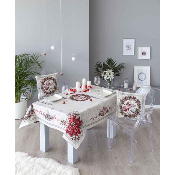 Jacquard tablecloth with poinsettia and Christmas wreath KRIS