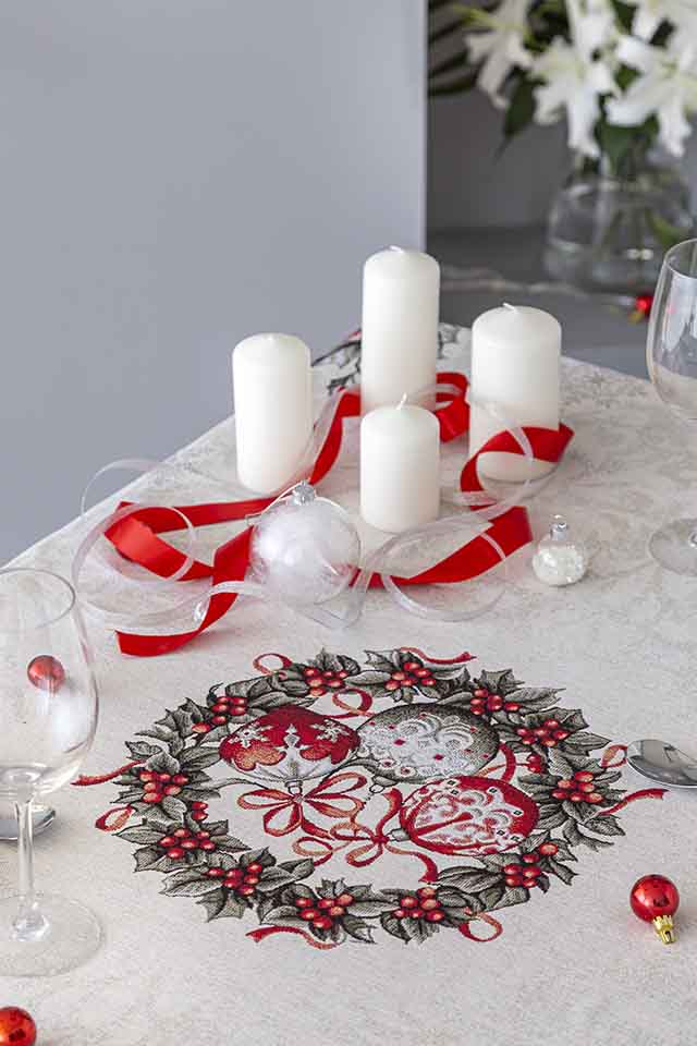 Mantel de mesa de tejido Jacquard con ponsodia y corona de Navidad KRIS