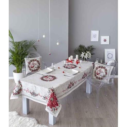 Jacquard tablecloth with poinsettia and Christmas wreath KRIS
