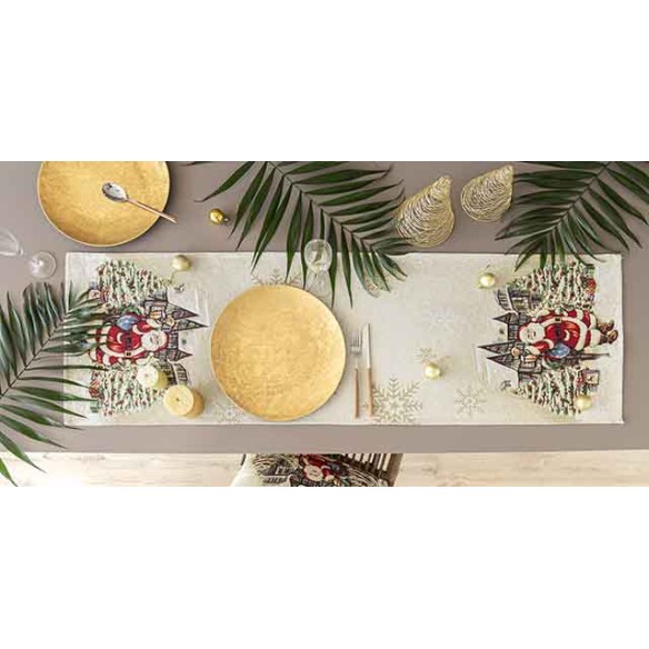 Camino de mesa de tejido jacquard  con Papa Noel y ciudad navideña 40x135. VILLAGE
