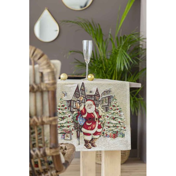 Camino de mesa de tejido jacquard  con Papa Noel y ciudad navideña 40x135. VILLAGE