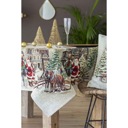 Mantel de mesa de tejido Jacquard con Papa Noel y ciudad navideña. VILLAGE