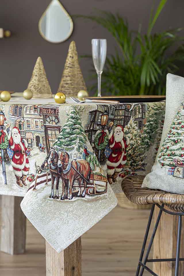 Mantel de mesa de tejido Jacquard con Papa Noel y ciudad navideña. VILLAGE
