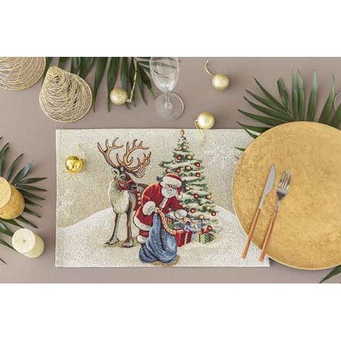 Jacquard placemat set with Santa Claus and reindeer. 30x45 VILLAGE