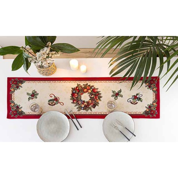 Jacquard table runner with wreath and Christmas motifs. 40x135 FIDELITY