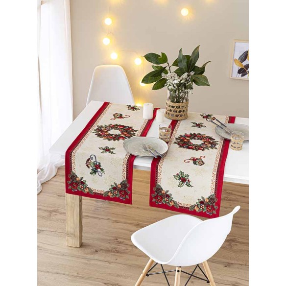 Jacquard table runner with wreath and Christmas motifs. 40x135 FIDELITY