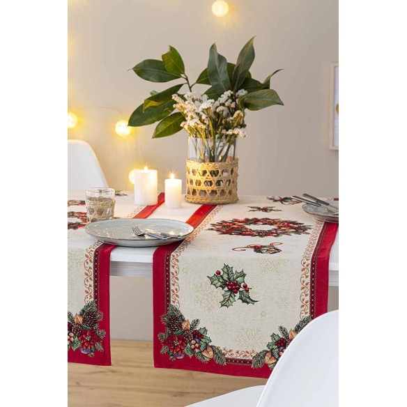 Jacquard table runner with wreath and Christmas motifs. 40x135 FIDELITY