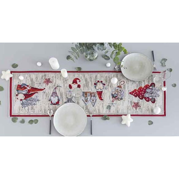 Jacquard table runner with Christmas Gnomes. 40x135 GNOMOS