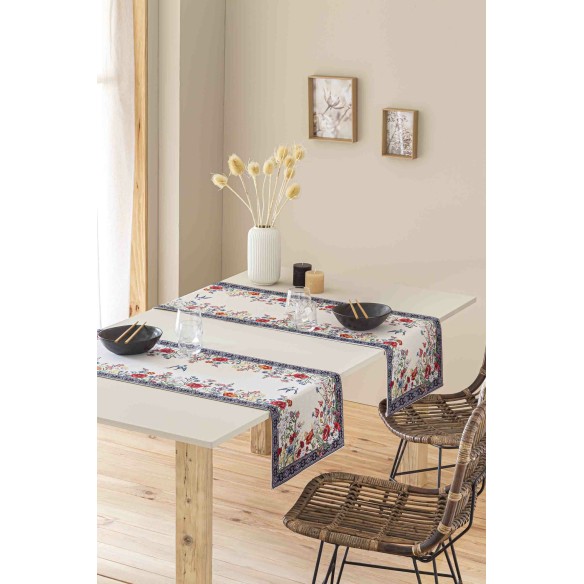Camino de mesa de tejido jacquard  con flores y golondrinas. 40x135 CHAMOMILLE