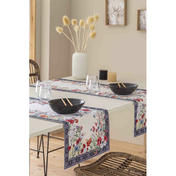 Jacquard table runner with flowers and swallows. 40x135 CHAMOMILLE