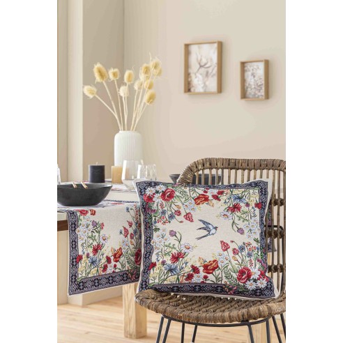 Jacquard cushion with flowers and swallow 45x45 CHAMOMILLE