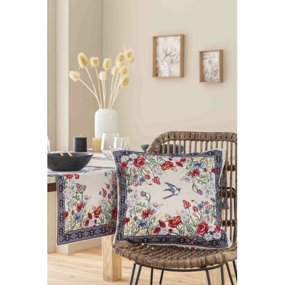 Jacquard cushion with flowers and swallow 45x45 CHAMOMILLE