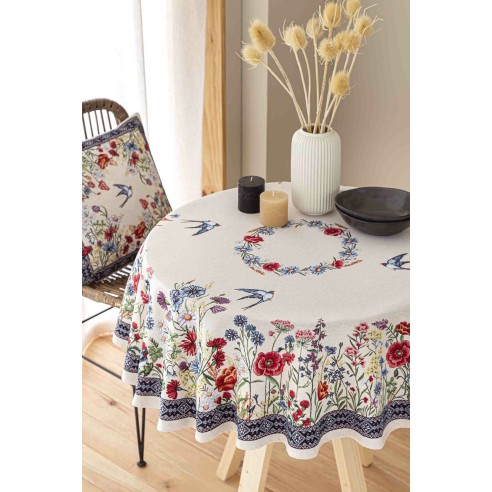 Jacquard tablecloth with flowers and swallows CHAMOMILLE