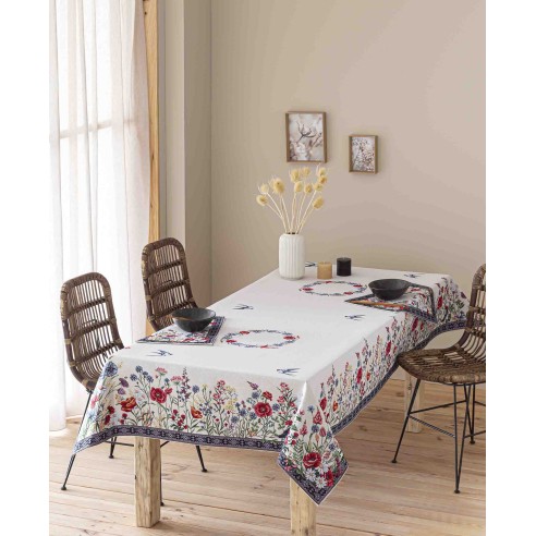 Jacquard tablecloth with flowers and swallows CHAMOMILLE
