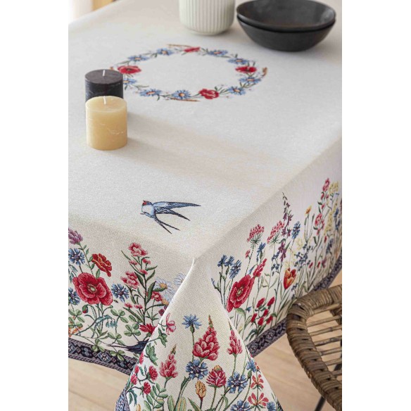 Mantel de mesa de tejido Jacquard con flores y golondrinas CHAMOMILLE
