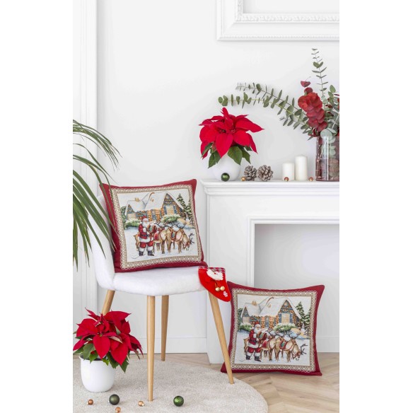 Cojin Jacquard rojo con Papa Noel y Renos. 45x45 FROSTY