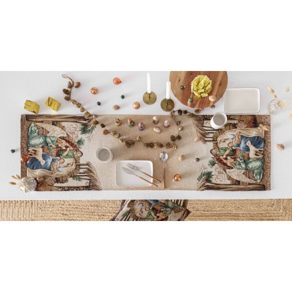 Camino de mesa de tejido jacquard  con Adoración. 40x135 SAGRADA FAMILIA