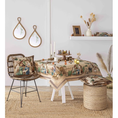 Jacquard tablecloth with Adoration. HOLY FAMILY